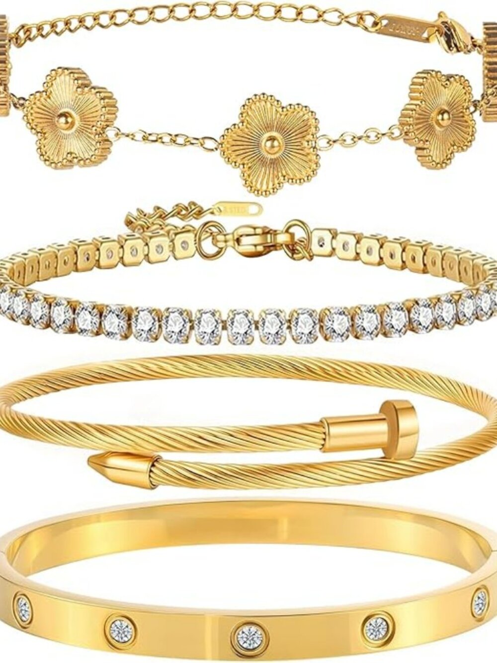 18K Gold Plated Bangle Bracelet Set for Women Stackable Lucky Floral Adjustable